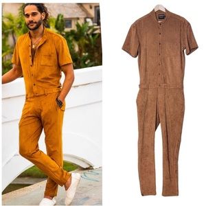 RomperJack Mens Desert Suede Jumpsuit Size L Slim Fit Brown Coverall